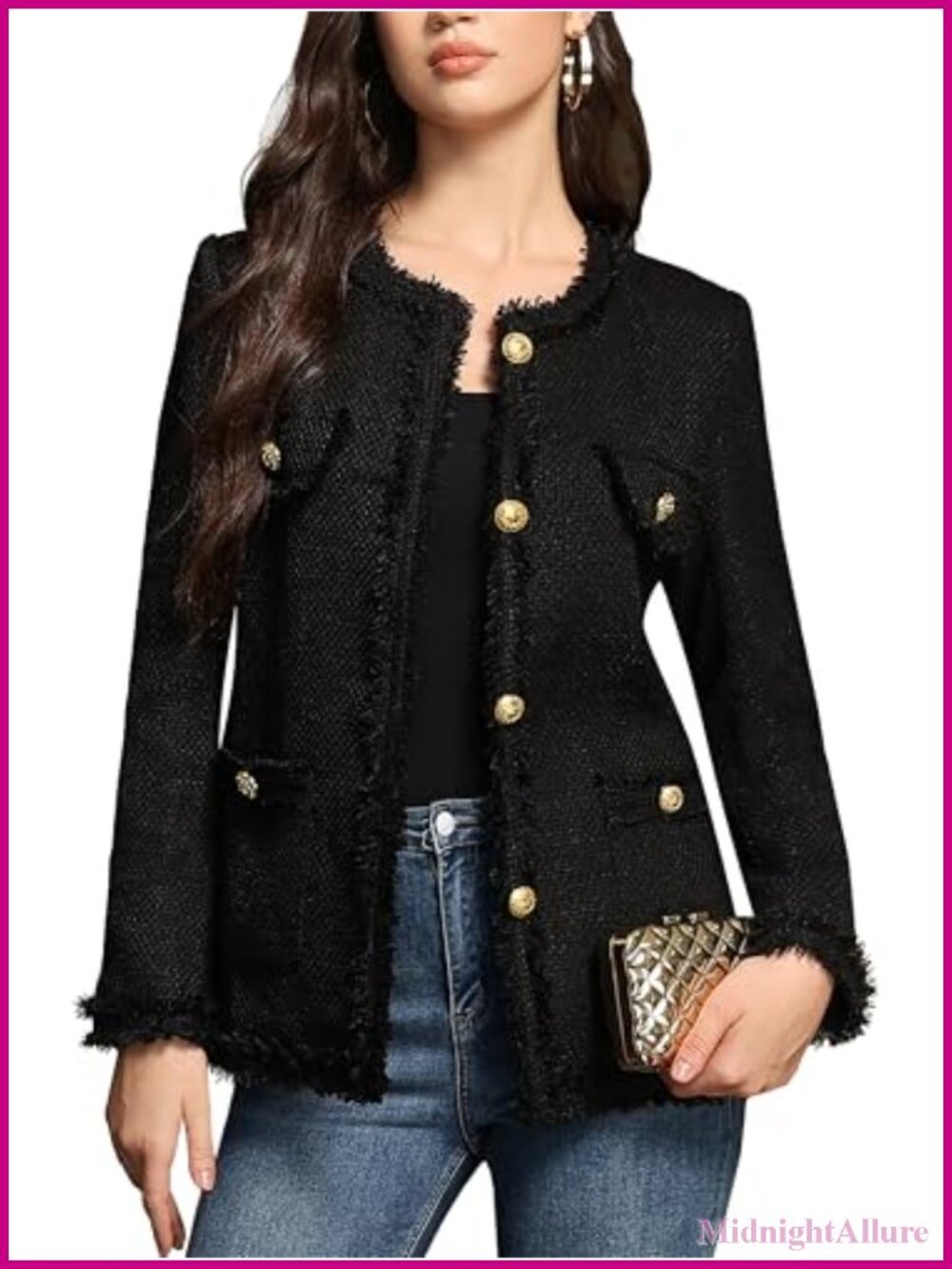 Women's Tweed Blazer Jacket Collarless Long Sleeve Pockets